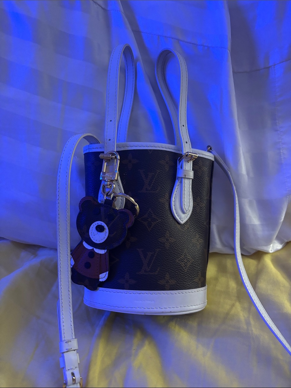 Mini Monogram Brown and White Crossbody Bucket Bag tote  with Bear Charm